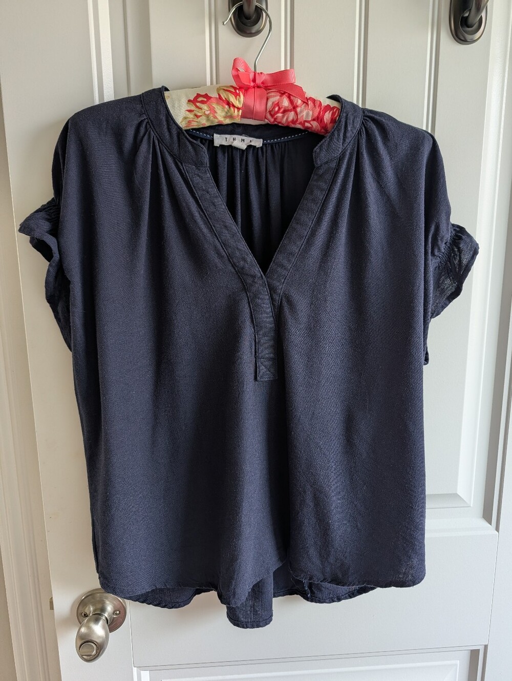 THML Navy Split V-Neck Short Sleeve Blouse